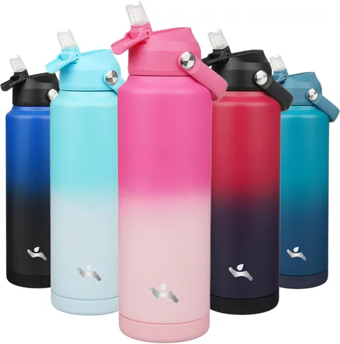 Vista 39 de Konokyo Botella de agua aislada con tapa de pajilla, botella de metal al vacío de acero inoxidable de 18 onzas con mango de silicona, color negro