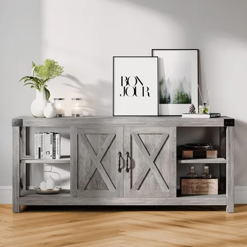Vista 9 de IDEALHOUSE Soporte de TV de 59 pulgadas para TV de hasta 65 pulgadas, gabinete de TV de madera de granja con almacenamiento y estantes ajustables