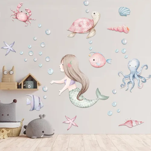Vista 3 de Calcomanías de pared de sirena bajo el mar, calcomanías de pared de tortuga de pez oceánico, decoración de pared de baño, dormitorio de niñas, bebé