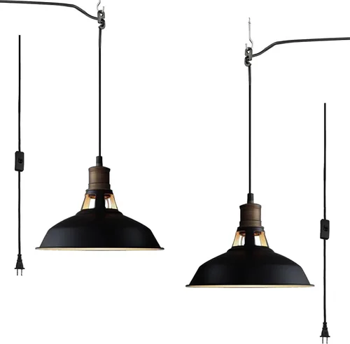 Vista 9 de CLAXY Iluminación colgante industrial de enchufe estilo granero negro, lámpara colgante de granja con interruptor de encendido/apagado, cable de 197