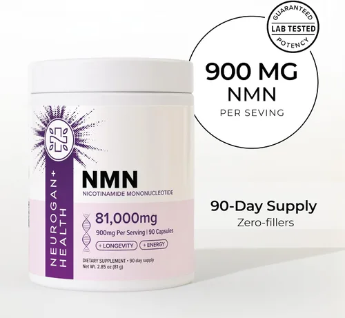 Vista 4 de Neurogan Suplemento beta NMN (β-NMN) – 900 mg por porción, 99.6% de pureza – Precursor de NAD+ para energía celular y vitalidad – 90 cápsulas