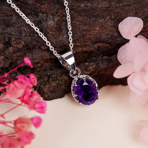 Vista 2 de Collar con colgante ovalado de piedra preciosa natural de Amatista de corte brillante, diseño zodiaco, piedra natal, cristales curativos, joyería