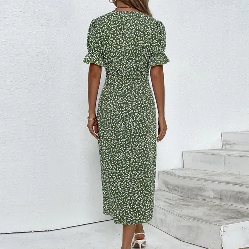 Vista 3 de Vestidos de playa para mujer, 2024, primavera, verano, moderno, elegante, envolvente, cuello en V, floral, bohemio, vestido largo hawaiano fruncido