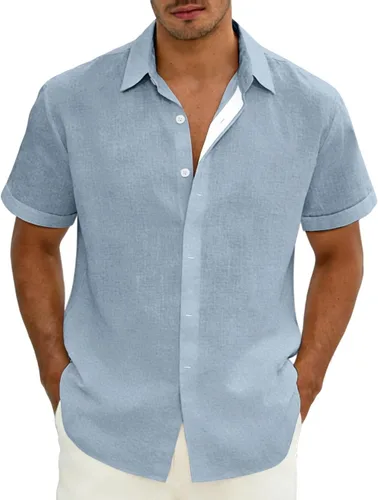 Vista 8 de Camisas de lino con botones para hombre, camisa casual de manga corta, sin pliegues, vestido de boda de verano, camisa de vacaciones en la playa