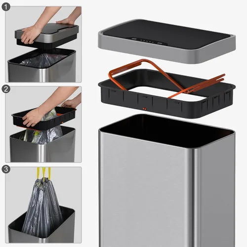 Vista 3 de Mbillion - Cubo de basura automático sin contacto de 15 galones con sensor de movimiento, cubos de basura inteligentes de acero inoxidable con tapa