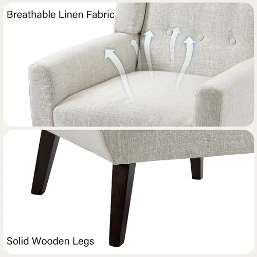Vista 3 de Accent Chair Set of 1, Comfy Reading Armchair, Beige Linen Blend, Tufted Button Backrest, Solid Wood Frame, Upholstered Club Single Sofa Chairs