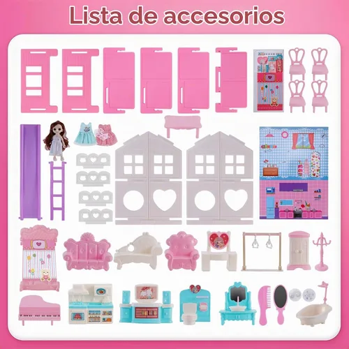 Vista 3 de Casa de muñecas, con sala de estar, dormitorio, baño, muebles de cocina, casa de muñecas de doble cara con 1 muñeca, 3 juegos de ropa, luces