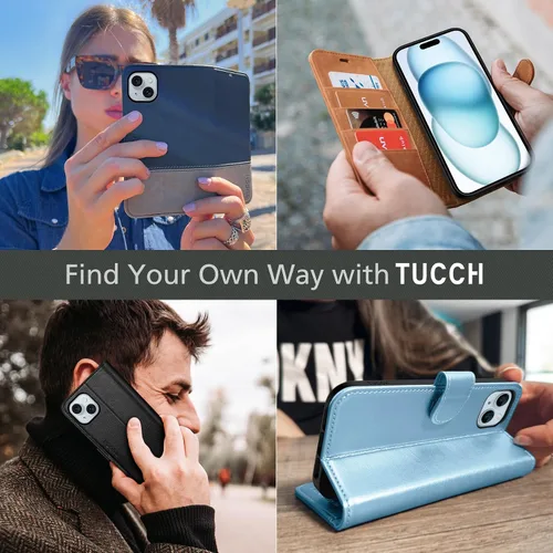 Vista 9 de TUCCH Funda tipo cartera para iPhone 15 Plus, [bloqueo RFID] 4 tarjeteros con función atril [funda interior de TPU a prueba de golpes] Funda Negro