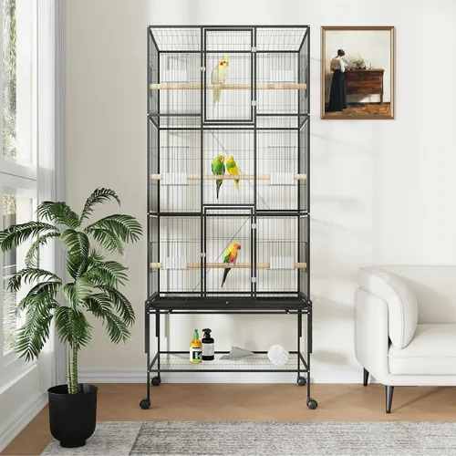 Vista 6 de GAOMON Jaula grande para pájaros – Jaula de metal para loros de 69 pulgadas con soportes de almacenamiento rodantes, pajarero ancho con bandeja