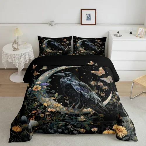 Vista 44 de Castle Fairy Juego de edredón con diseño de gato lindo para niños, tamaño twin, juego de ropa de cama con hojas de flores, luna, noche y cielo