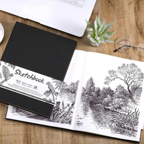Vista 7 de Cuaderno de bocetos de tapa dura, 8.5 x 11 pulgadas, libro de bocetos duradero para adultos profesionales, artistas y aficionados, 68 lb/110 GSM, 58