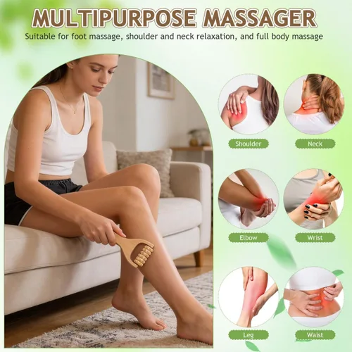 Vista 5 de Herramienta de rodillo de masaje de madera, paquete de 3 masajeadores de mano para cuerpo y pies para terapia de reflexología y relajación muscular