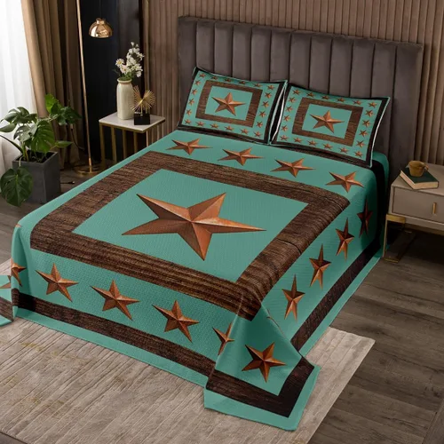 Vista 23 de Colcha acolchada rústica de Texas con estrellas del oeste de Texas para niños y niñas, color azul marino, juego de cubrecama de madera