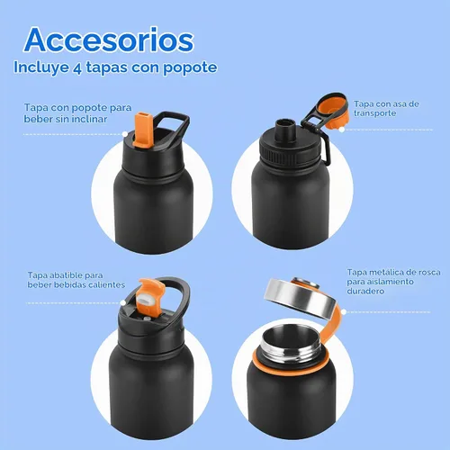 Vista 4 de Milton Botella de agua aislada de 40 onzas con 4 tapas a prueba de fugas, termo aislado al vacío de doble pared de acero inoxidable, 12 horas