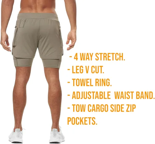 Vista 3 de Men's 2 in 1 Sports Shorts, Slim Fit, Lightweight, Comfortable, Quick Dry, Running, Cycling, Fitness, Yoga, Outdoor.