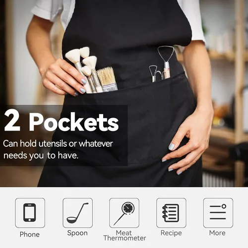 Vista 5 de NLUS Delantales de chef para hombres y mujeres, delantales de cocina para mujeres con 2 bolsillos, delantales ajustables, resistentes al agua y al