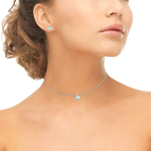 Vista 3 de Juego de collar y aretes pequeños redondos de plata de ley con bisel genuino o sintético, de 0.18 pulgadas, Metal