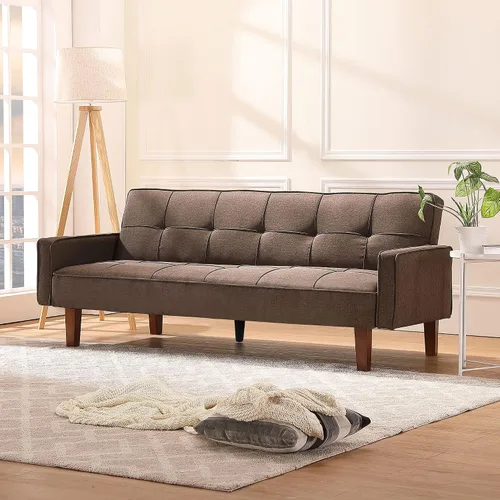 Vista 3 de Sofá cama moderno y simple, respaldo ajustable, sofá funcional con diseño de cuadrícula clásica, sofá de tres asientos, marco de madera, adecuado