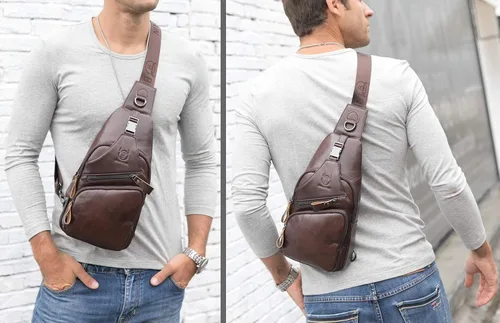 Vista 6 de BULLCAPTAIN Bolso bandolera de cuero para hombre, bolso cruzado casual para el pecho, mochila de viaje