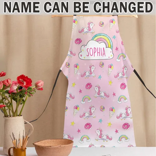 Vista 2 de winorax Delantal de unicornio para niñas y niños personalizado lindo patrón de unicornio delantales ajustables delantales para asar a la parrilla