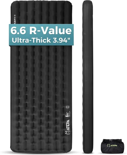 Vista 10 de ATEPA ThermAir Pro 5 R-Value - Colchón de aire aislado ultraligero para 4 estaciones, tapete de dormir silencioso de 4 pulgadas de grosor con saco