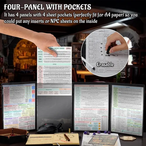 Vista 4 de CZYY DND Pantalla de Dungeon Master de Cuatro Paneles con Bolsillos, Cuero Sintético con Relieve 3D con Cthulhu - Incluye Insertos de Pantalla DM