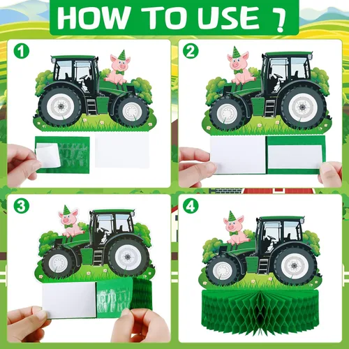 Vista 3 de 9 piezas de centro de mesa de nido de abeja de tractor, decoración de fiesta de cumpleaños con temática de tractor verde de granja, decoración