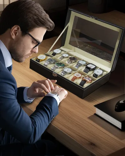 Vista 7 de Caja de reloj de piel; organizador de joyería con visualización y 12 ranuras Ohuhu