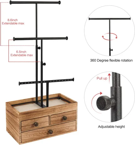 Vista 5 de X-cosrack Organizador de soporte para árbol de joyería soporte de metal de 3 niveles con caja de almacenamiento básica de madera soporte de altura