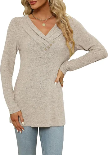 Vista 6 de FMEYOA Blusa casual de manga larga para mujer, para usar con leggings, cuello en V, con botones, estilo casual