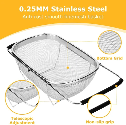 Vista 2 de ZDRongZhen Accesorios de Cocina Colador Escurridor Cesta Sobre el Fregadero, Colador de Acero Inoxidable con Agarre de Goma Expandible Escurridor