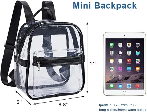 Vista 3 de Mini mochila transparente, aprobada para estadios, con bolsillo frontal para accesorios, mochila transparente resistente para festivales