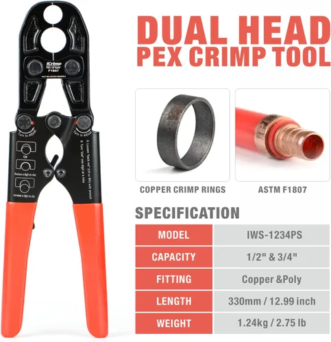Vista 2 de IWISS/iCrimp - Kit de herramientas de engarzado de anillo de cobre para tubería PEX para anillos de crimpado de 1/2 pulgada, 3/4 pulgada, cumple