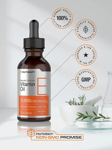 Vista 5 de Horbäach Aceite de vitamina E 13,800 UI 1oz para rostro y piel Suplemento líquido de origen natural Fórmula vegetariana, sin OMG y sin