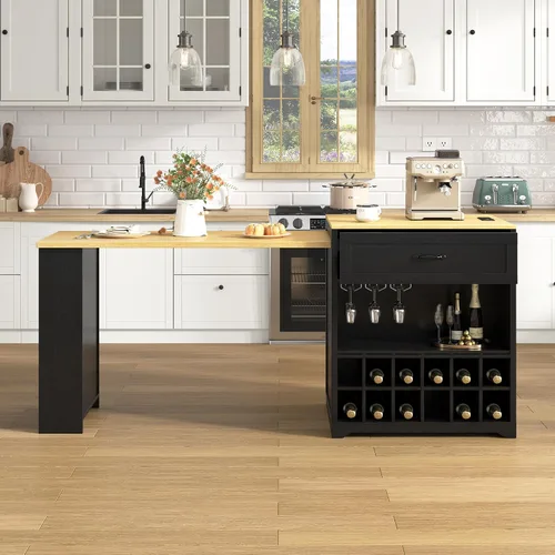 Vista 16 de RUNNA Isla de cocina acanalada de 82.6 pulgadas con mesa de comedor extensible para 4-6, mesa de isla para cocina con toma de corriente, mesa