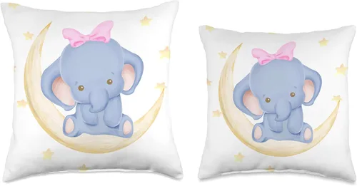Vista 3 de Almohada decorativa para cuna para recién nacido, niña elefante en la luna con estrellas I decoración de habitación de guardería, 15.7 x 15.7 in