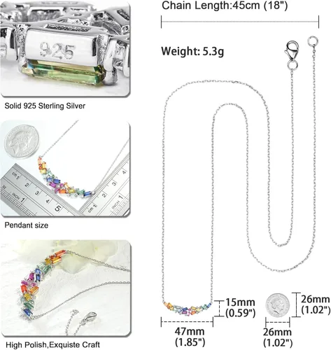 Vista 5 de RANDES Collar de barra curvada de arco iris para mujer, plata de ley 925, collar con colgante de piedras preciosas coloridas creadas en laboratorio