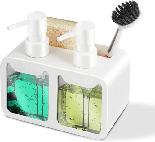 Vista 7 de Juego de dispensador de jabón de cocina, con jabón de manos y platos, organizador de esponja y soporte para cepillo 4 en 1, dispensador de jabón