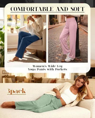 Vista 197 de Neer - Conjunto de 3 pantalones de yoga de pierna ancha para mujer - Pantalones deportivos cómodos, holgados, de cintura alta y casuales