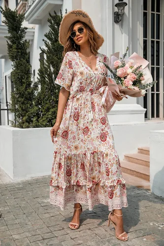 Vista 6 de R.Vivimos - Vestido por debajo de la rodilla para mujer, de manga corta, de algodón, con cuello en V, diseño floral y estilo informalbohemio