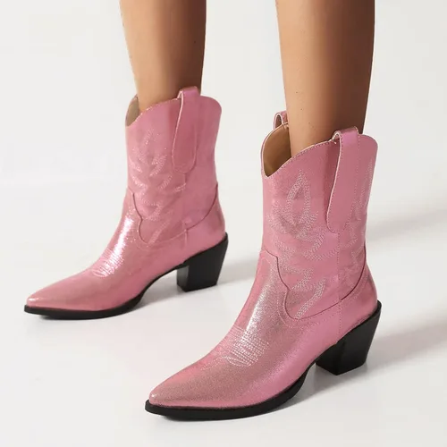Vista 2 de Kirliner Botas vaqueras Botas vaqueras bordadas de cuero metálico tacón medio grueso botas de media pantorrilla