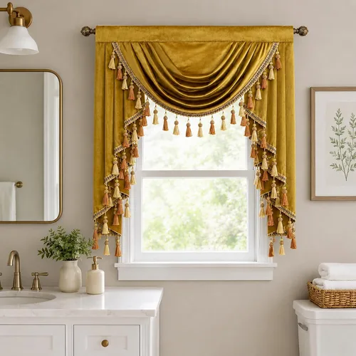 Vista 3 de VOGOL Cenefa de cortinas de terciopelo grueso para dormitorio, cenefas de cascada de lujo con aislamiento térmico dorado para sala de estar formal