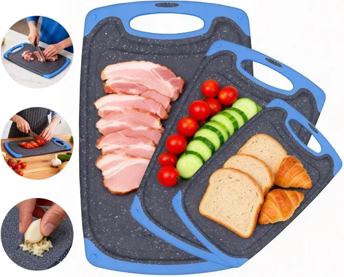 Vista 13 de Tabla de cortar de plástico, 3 tablas de cortar aptas para lavavajillas con ranuras para jugo, mango de fácil agarre, antideslizante, con área