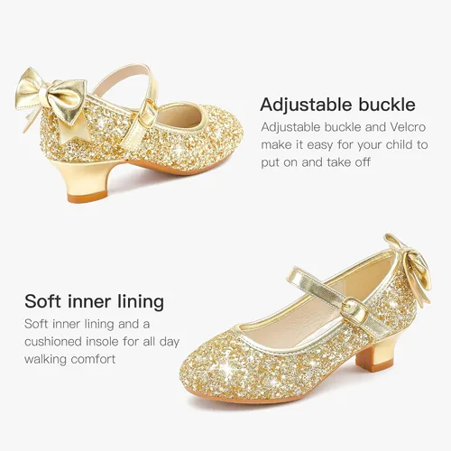 Vista 5 de Dufannie Zapatos de vestir para niñas, zapatos de tacón bajo de princesa, zapatos planos con purpurina para bodas y fiestas
