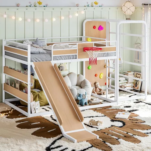 Vista 9 de Polibi Twin Metal Loft Bunk Bed with Basketball Hoop, Slide, Climbing Wall Loft Bed With Climbing Wall, Slide, Rings, And Bookshelves. A Fun Black