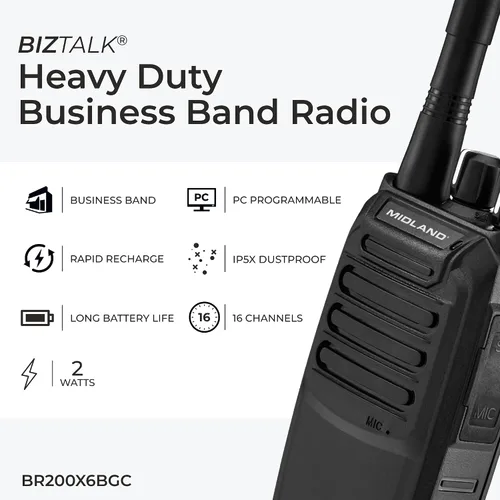 Vista 3 de Midland BR200X6BGC - Banda de radio comercial de 2 vatios y 16 canales Radio portátil - Radio bidireccional - Cobertura de 250,000 pies cuadrados