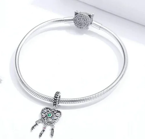 Vista 3 de Abalorio de atrapasueños de plata de ley 925 con cuentas de plumas y flores para mujer (atrapasueños de amor), Plata esterlina