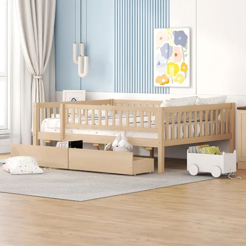 Vista 13 de Harper & Bright Designs Sofá cama de tamaño individual con dos cajones, marco de cama de madera con plataforma individual para niños con Nogal