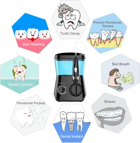 Vista 2 de TUREWELL Irrigador oral de hilo dental con agua, limpiador dental de 21.1 fl oz, 10 presiones ajustables, irrigador oral eléctrico para aparatos