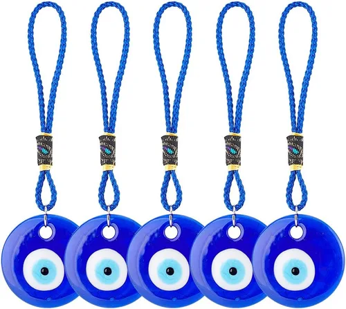 Vista 6 de 5 piezas de adorno colgante azul de ojo turco para coche, colgante de cristal colgante de coche de buena suerte, amuleto turco griego, accesorio